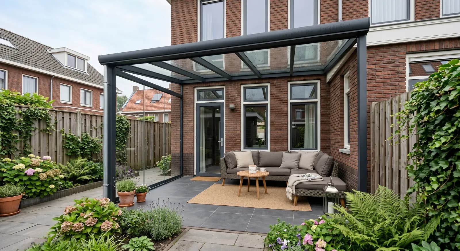 Aangebouwde veranda met houten constructie in een Haagse tuin - verandabouw Den Haag